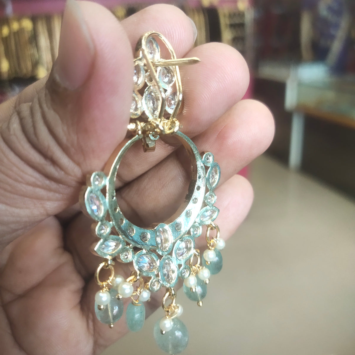 Zircon Temple Earrings with Mint Green Beads