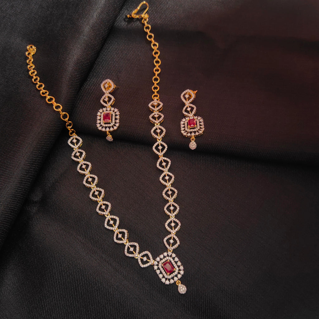 Delicate Diamond Model Necklace Set - 24K Gold Plated Jewellery