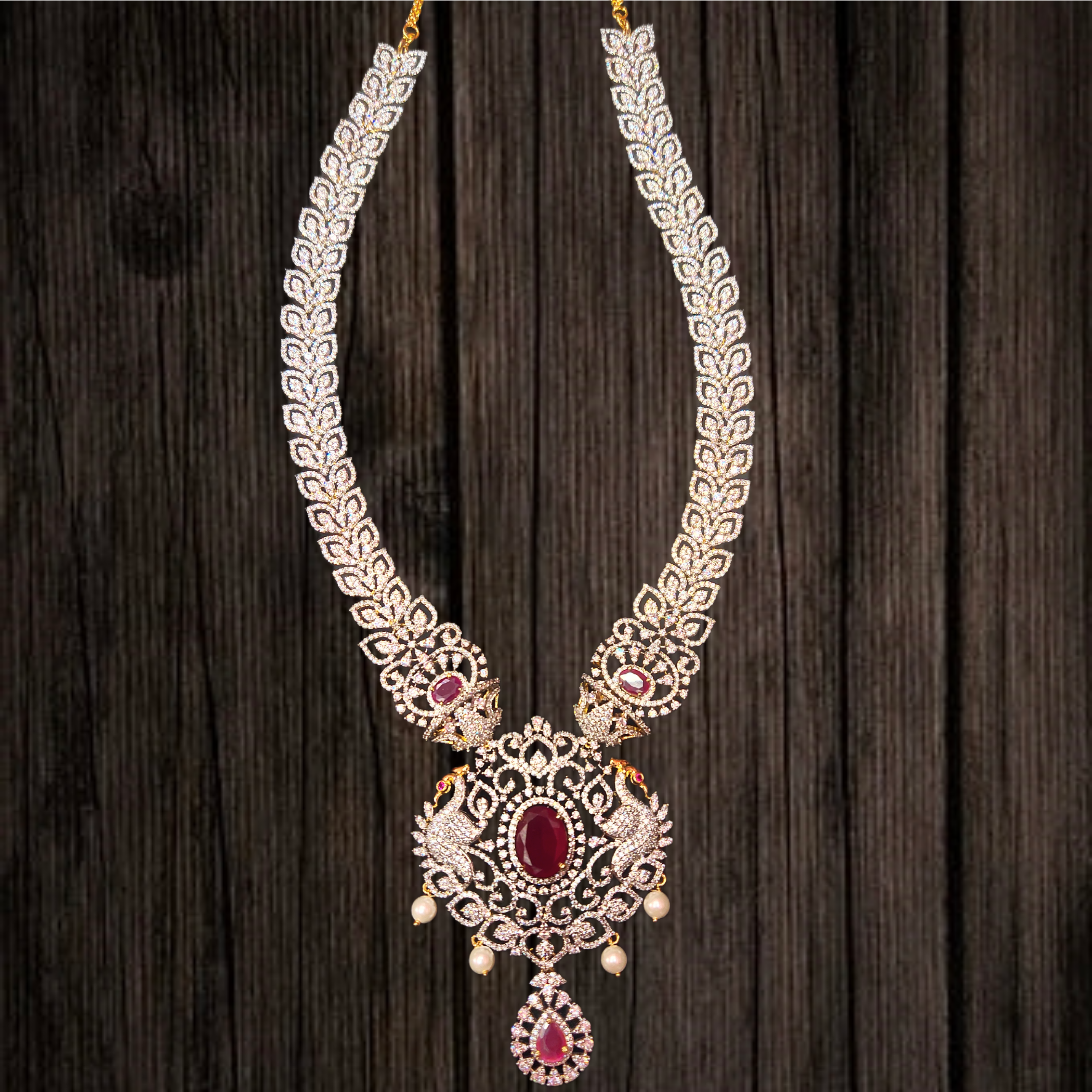 Bridal Diamond Haram with Ruby & Pearls - 24K Gold Wedding Necklace Set