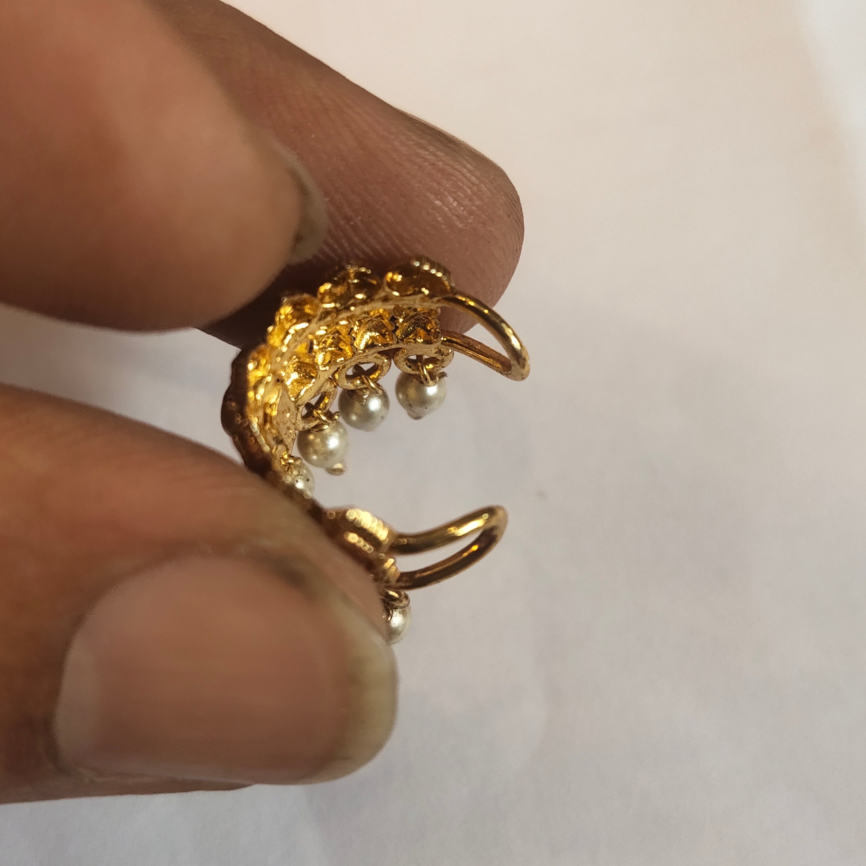 Men's Gold Plated 925 Silver Cartilage Earring | Temple Jewellery with Pearl Drops