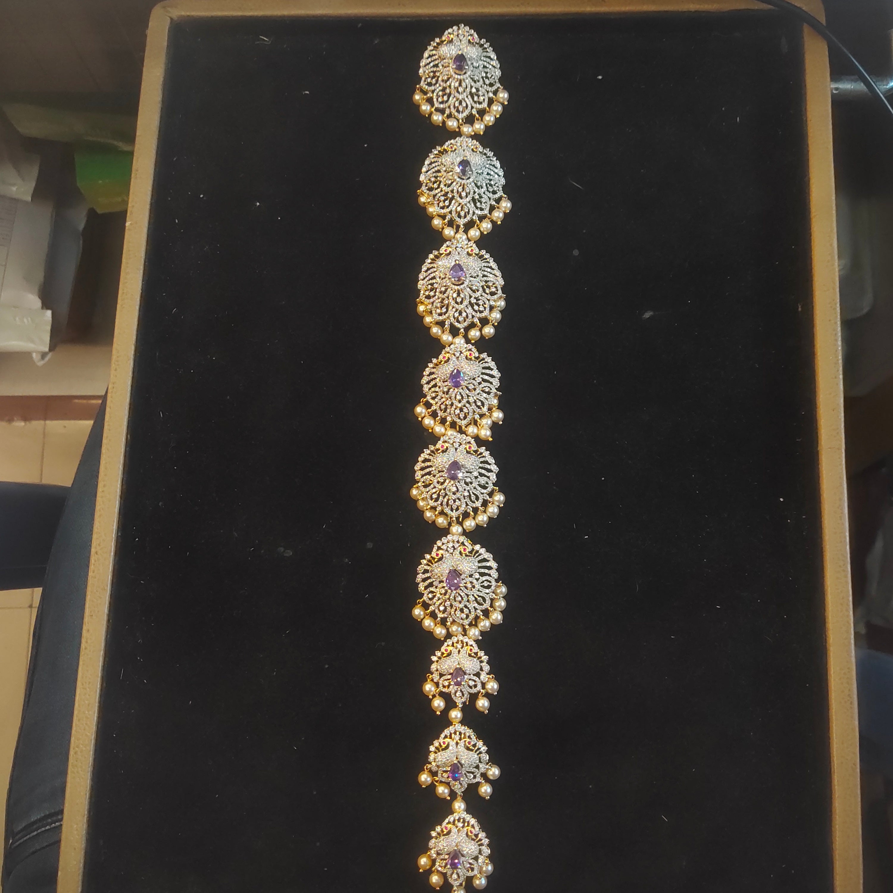 CZ Diamond Jada Billalu with Amethyst & Pearl Drops | Temple Jewelry Hair Chain