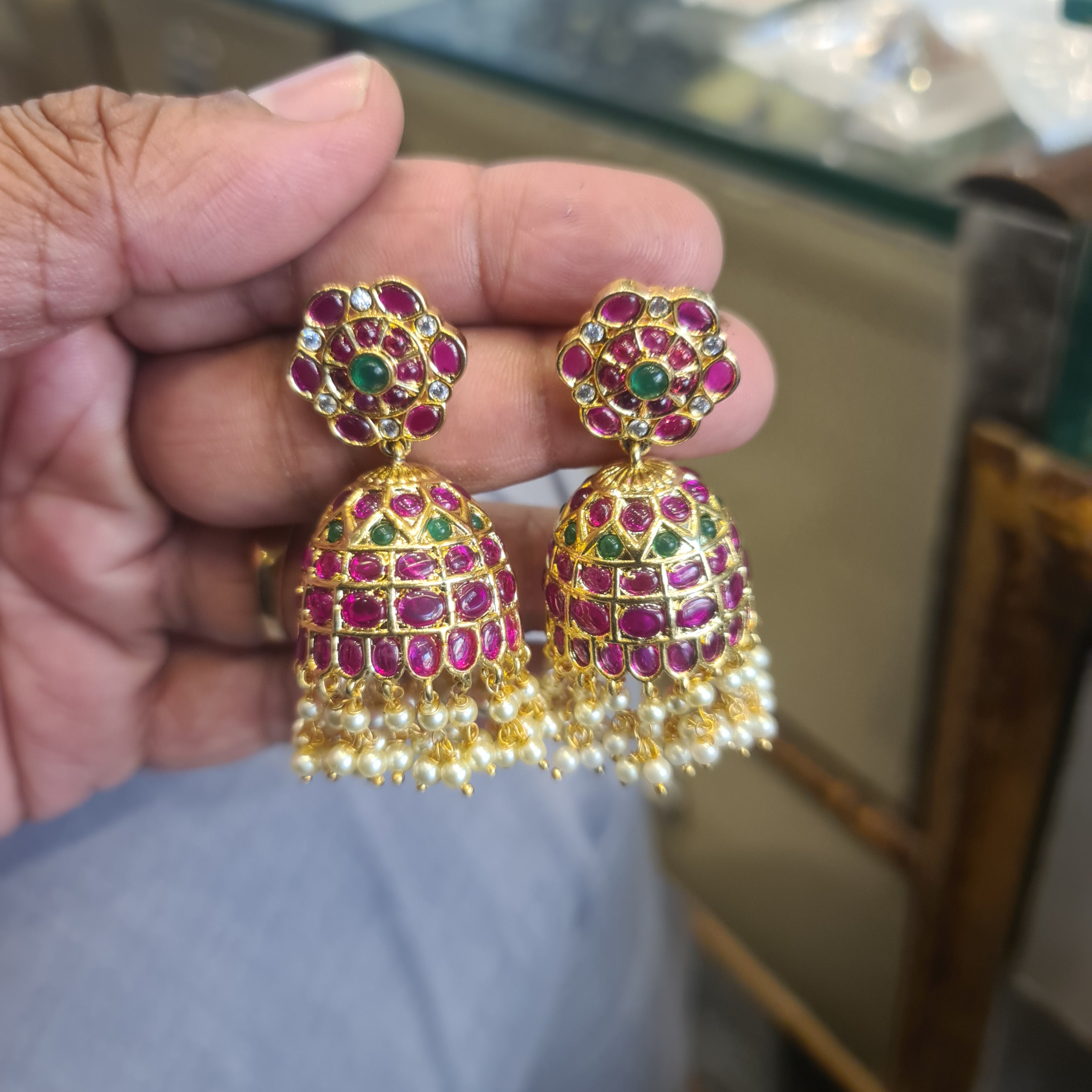 Emerald Kempu Jhumka | Ruby Floral Top, Large Dome Bell | Screw Back