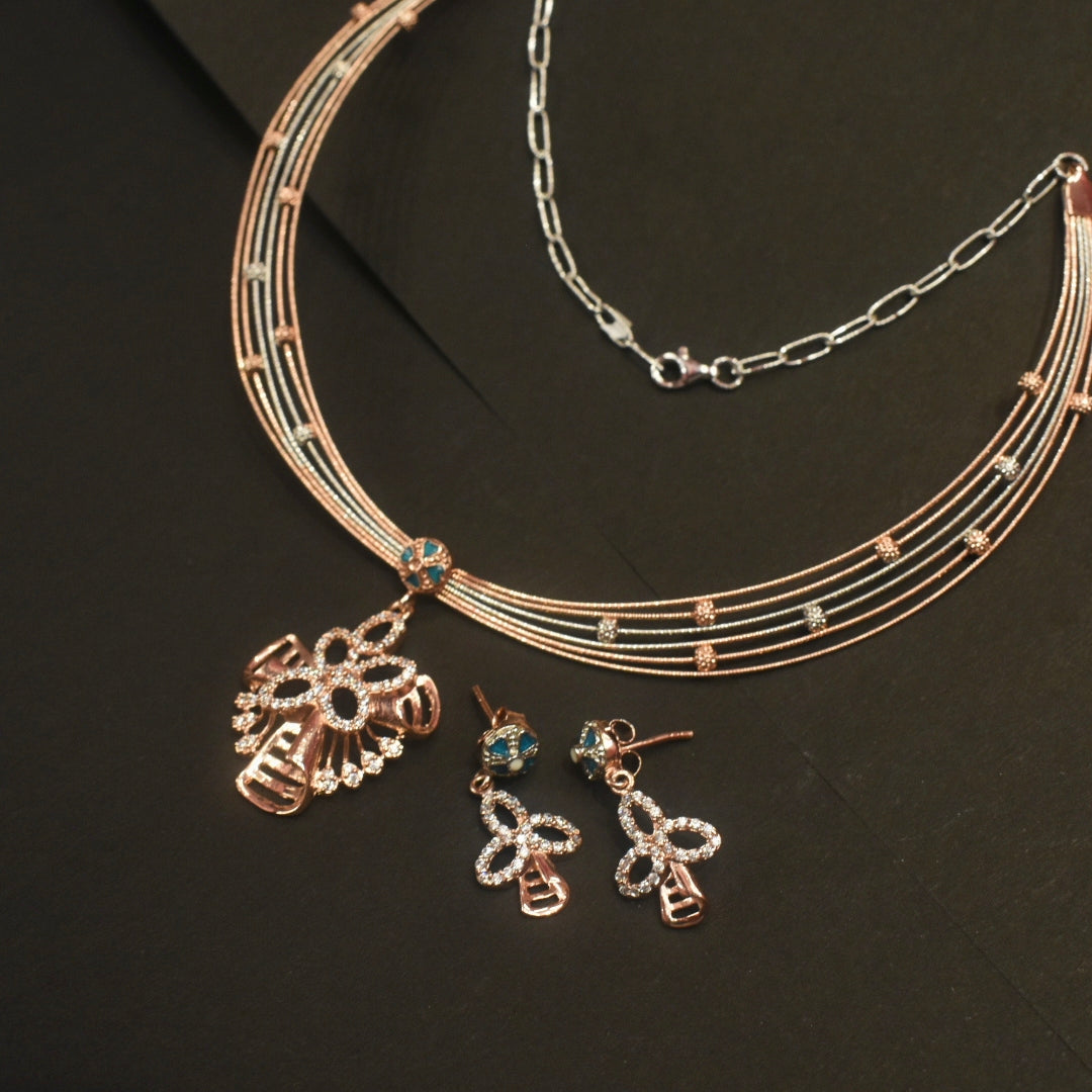 925 Silver Rose Gold Blossom Kantey Necklace Set with Matching Screw Earrings