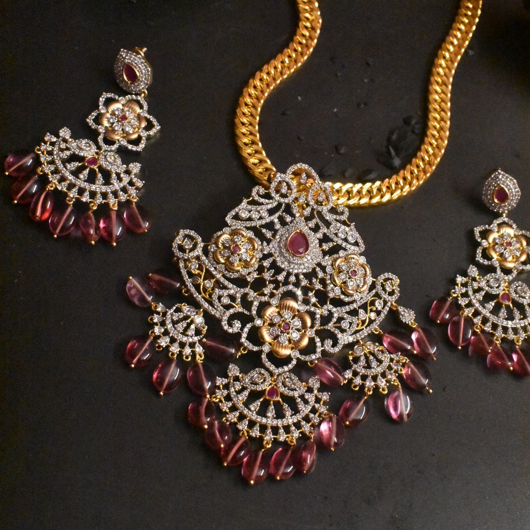 American Diamond Pendant Chain Set - 28 Inch Long Necklace with Earrings