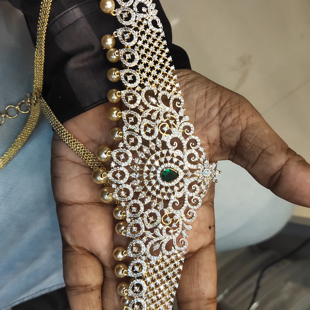 Green Zircon Rhodium-Gold Double Tone Plated Vaddanam Waist Chain