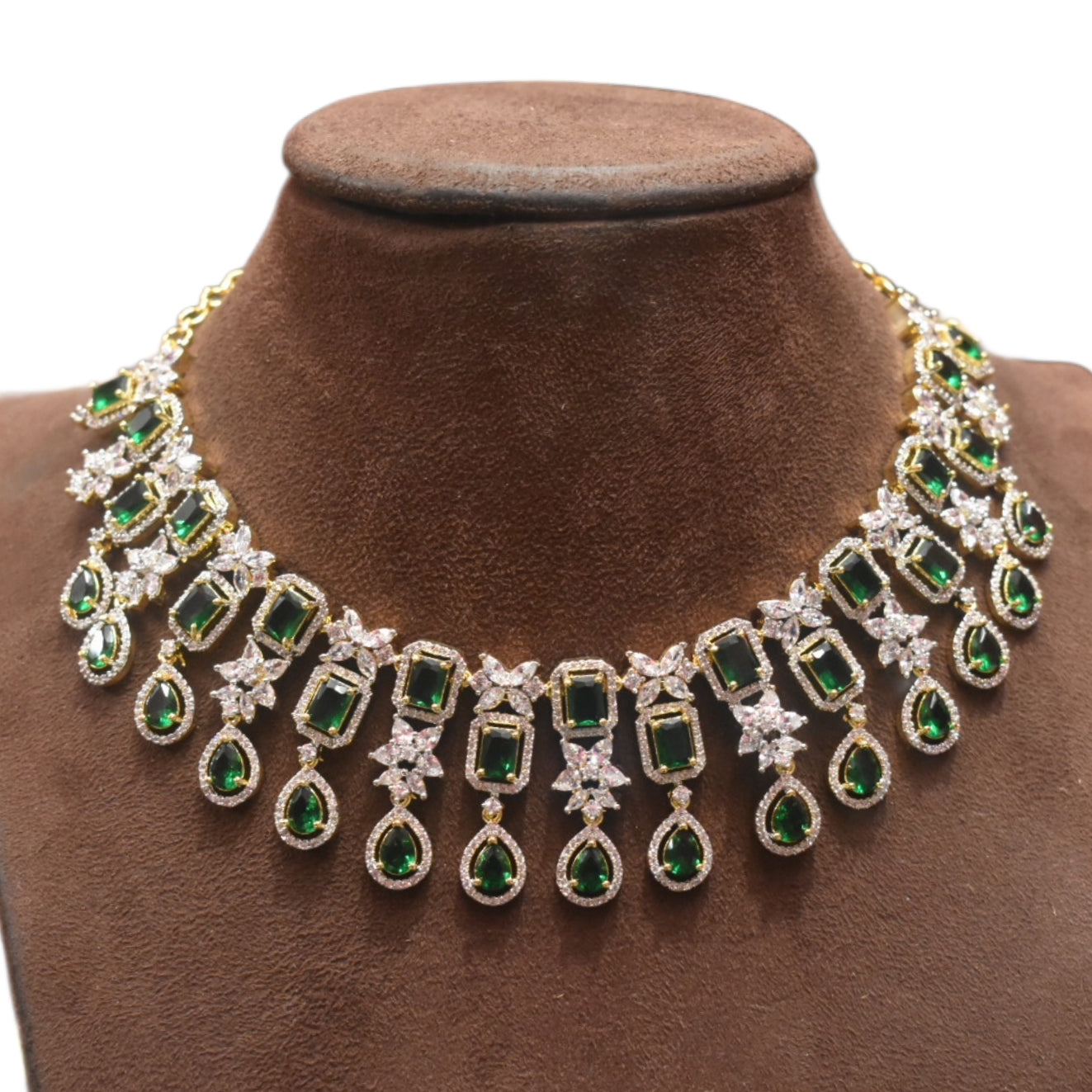 Elegant Green Zircon Gold-Rhodium Plated Necklace Set