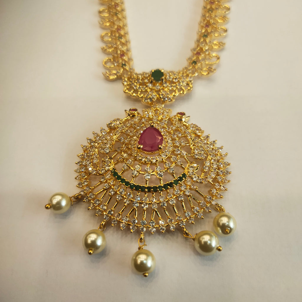 CZ Gold Plated Long Necklace Set - Exquisite Bridal Statement Jewelry