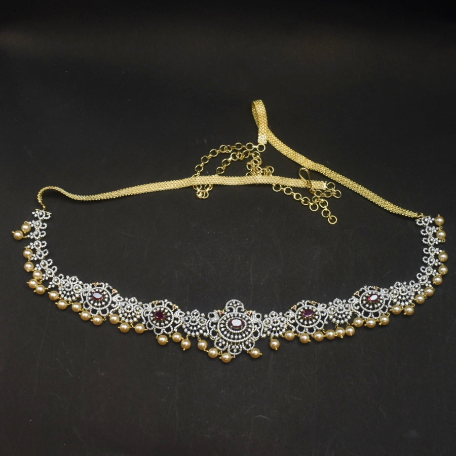 Zircon Rhodium-Gold Double Tone Diamond Look Chain Vaddanam for Bride