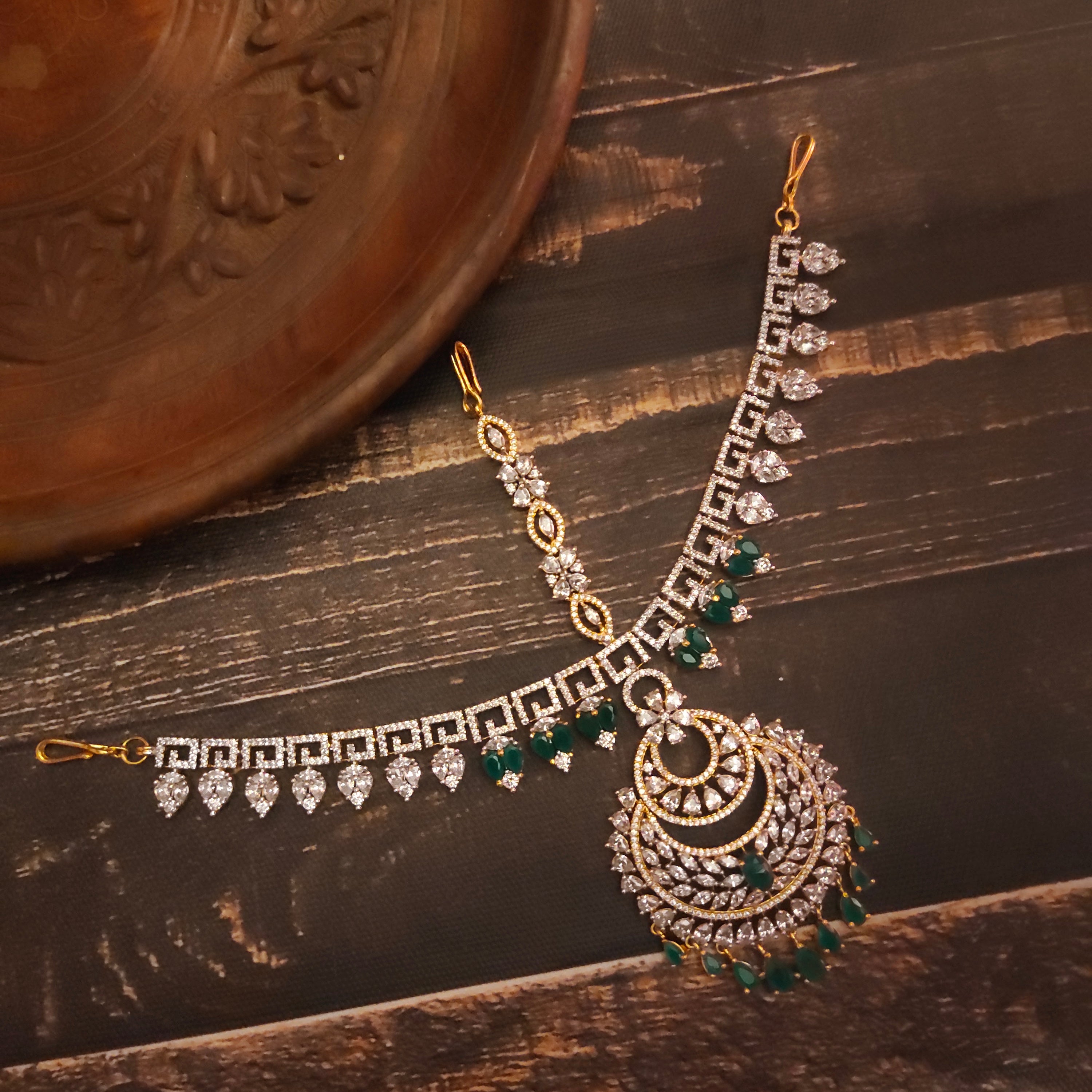 Sparkling Elegance American Diamond Mathapatti - Green Stone Bridal Jewelry | Asp Fashion