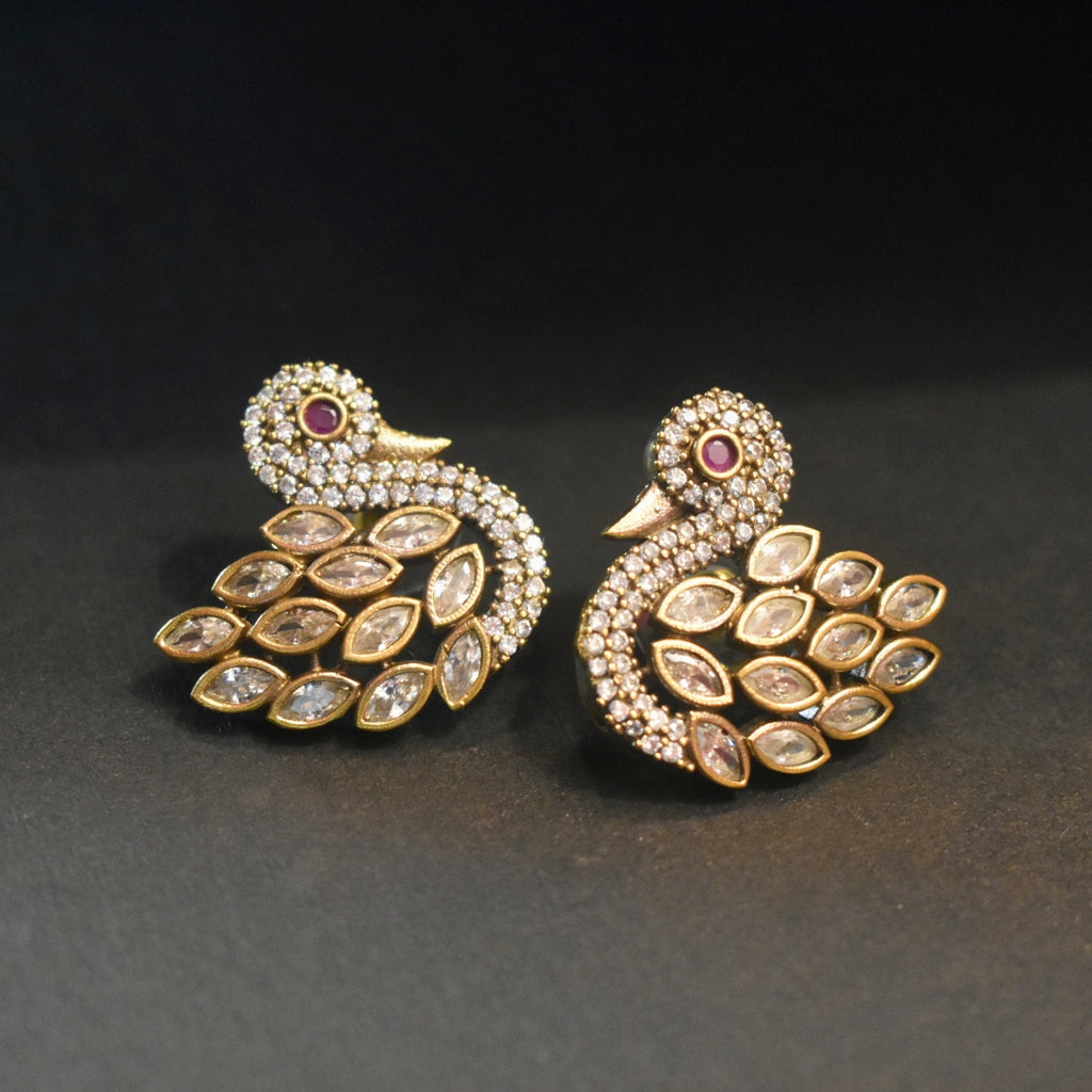 Victorian Zircon Peacock Stud Earrings - Traditional Elegant Design