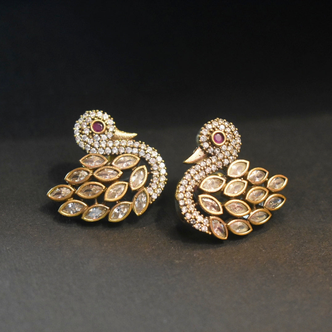Victorian Zircon Peacock Stud Earrings - Traditional Elegant Design