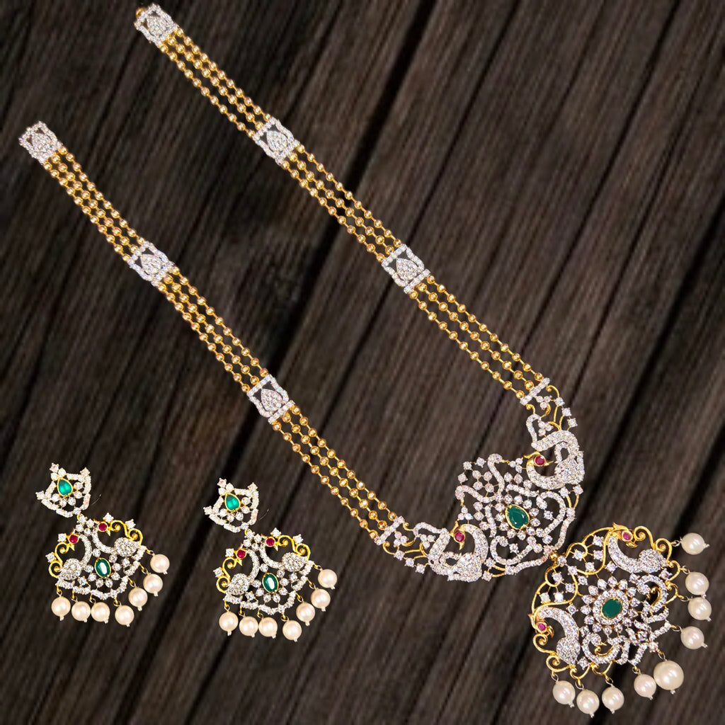 Tarini American Diamond Necklace Set - Peacock Floral Design