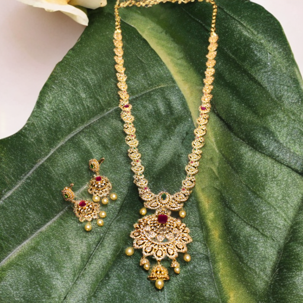 CZ Gold Plated Long Necklace Set - Sophisticated Bridal Jewelry Collection