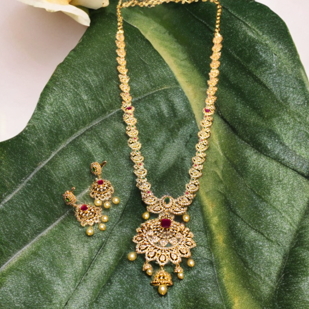 Asp Cz Gold Plated Long Necklace Set