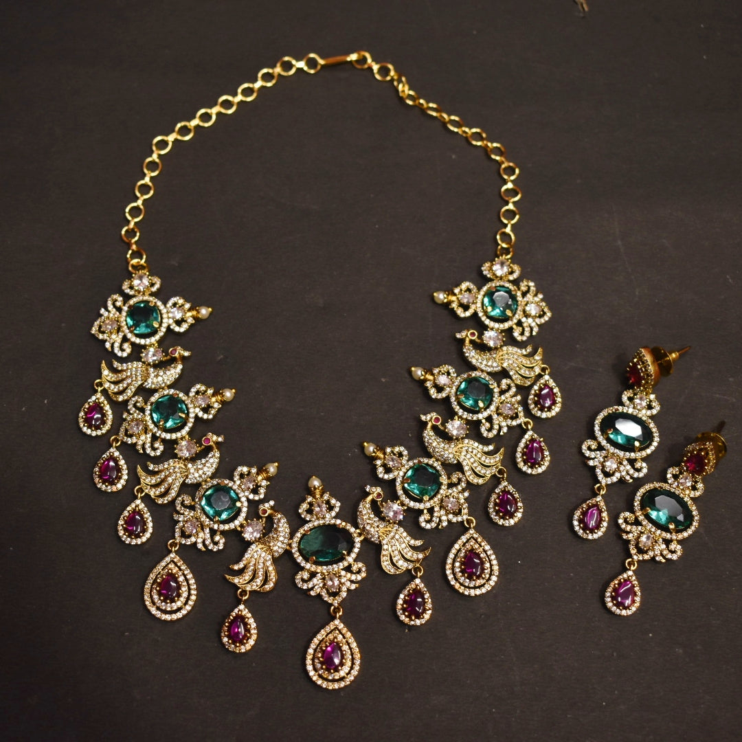 Victorian CZ Short Necklace Set - Ruby Emerald Studded Elegant Jewelry