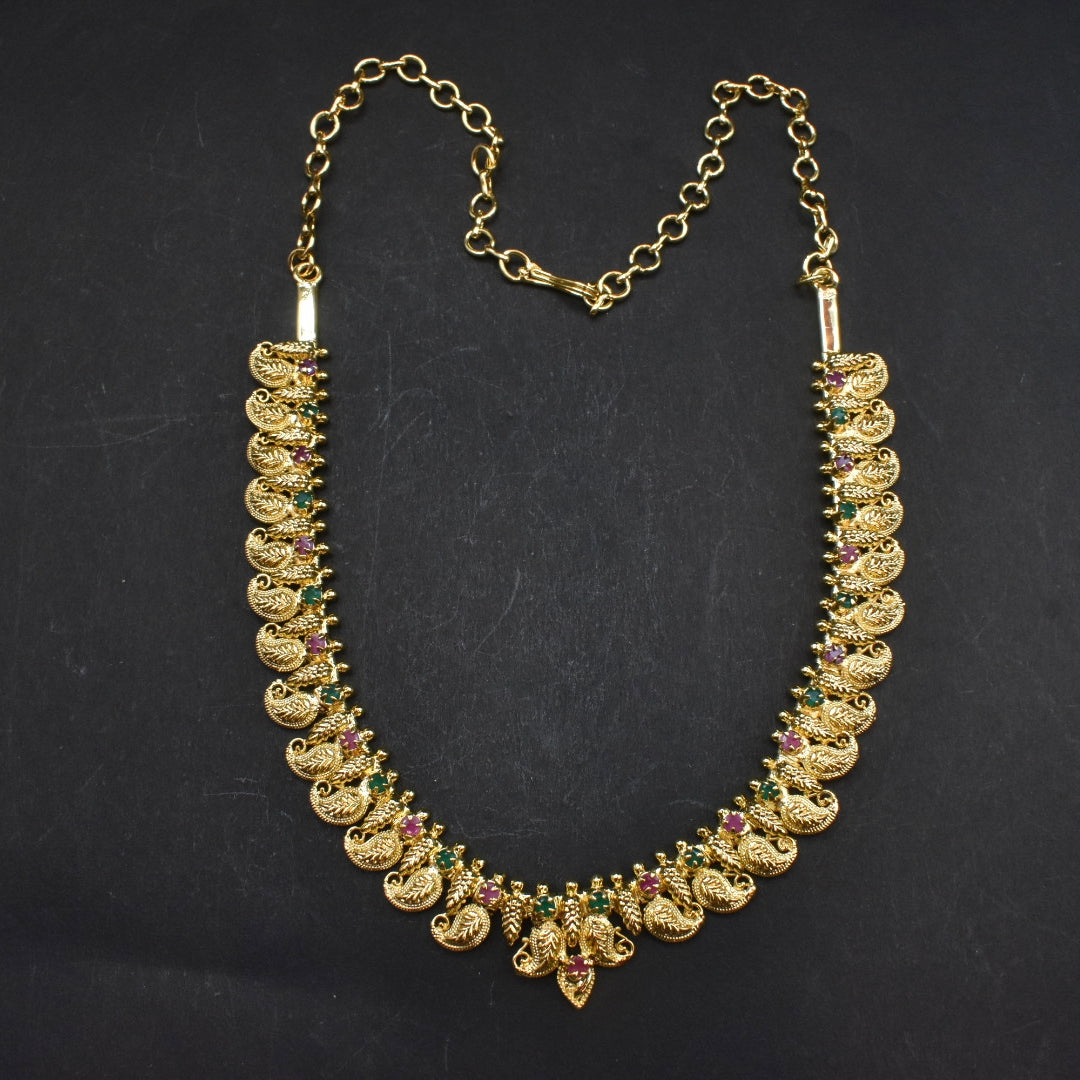 Traditional Temple Peacock Necklace with Kempu Stones