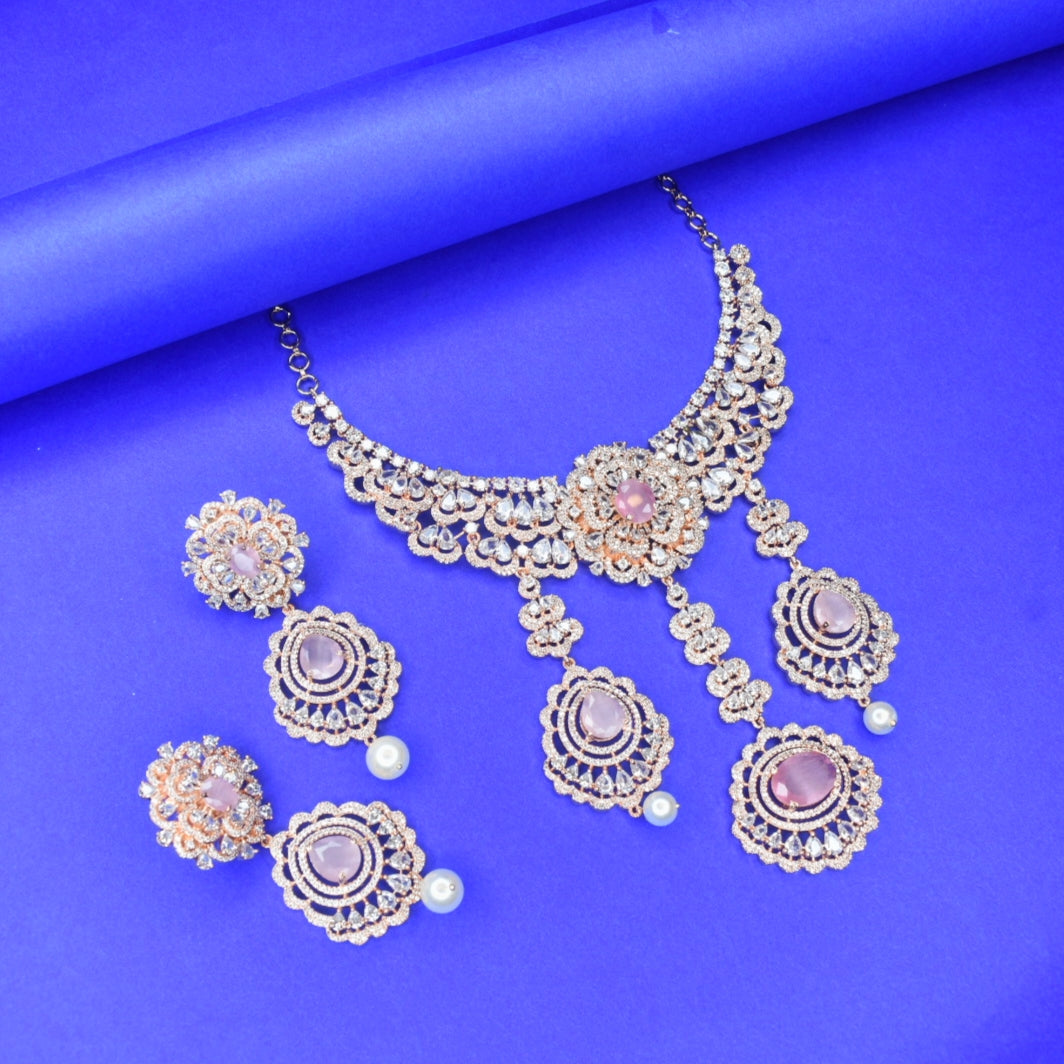Regal Rose Gold American Diamond Necklace Set with Pearls - Bridal Choker