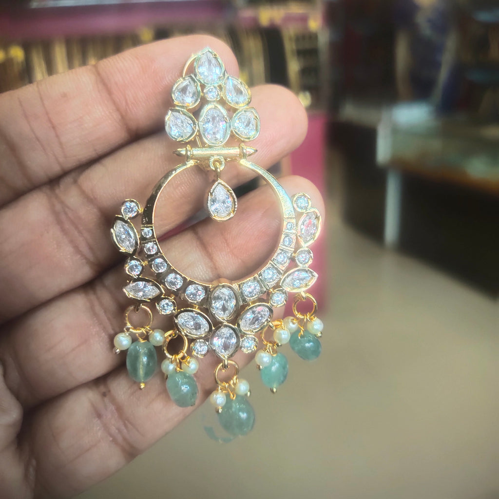 Zircon Temple Earrings with Mint Green Beads