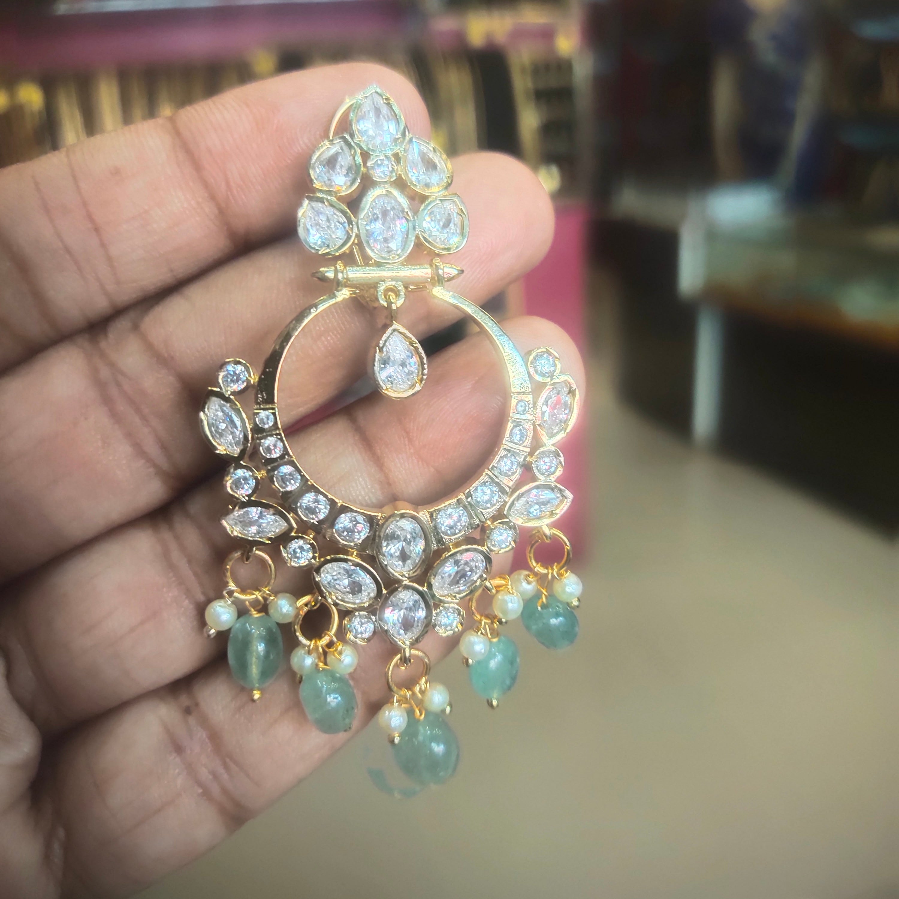 Zircon Temple Earrings with Mint Green Beads