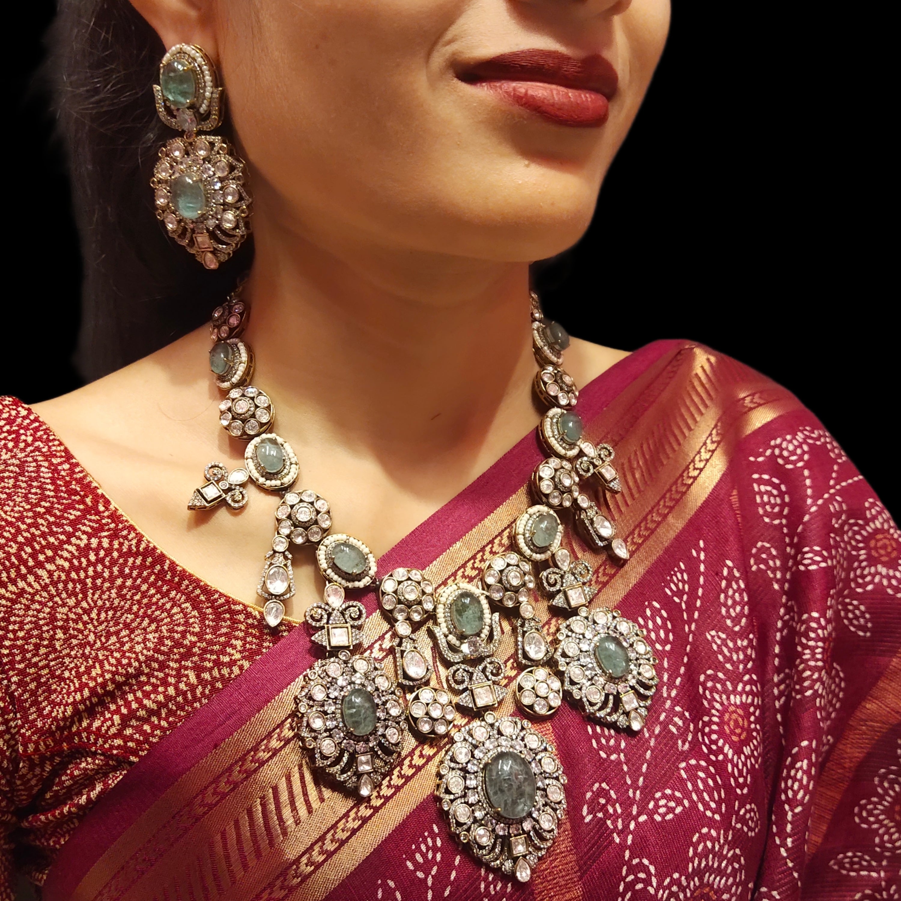 Pastel Green Kundan Necklace Set - Victorian Gold Bridal Jewelry with Maang Teeka