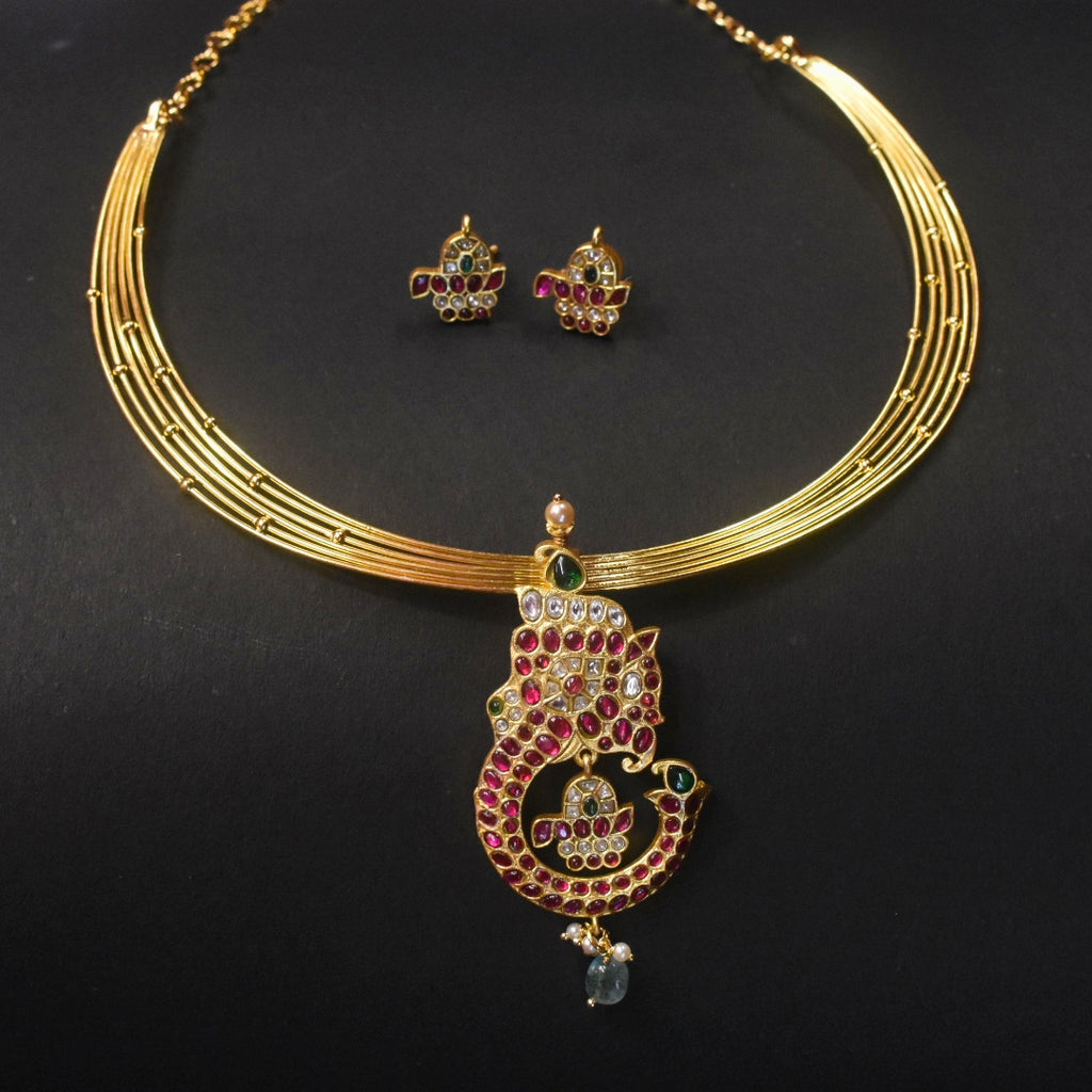 Jadau Kundan Kanti Necklace Set with Ganesh Pendant & Screw Back Earrings