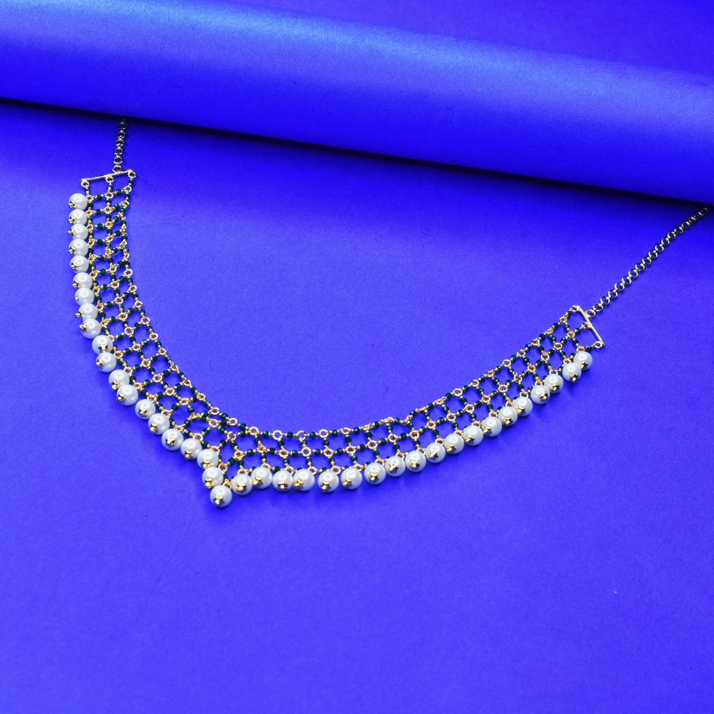 Handcrafted 24K Gold Plated Jali Work Necklace with Green Onyx & Pearls