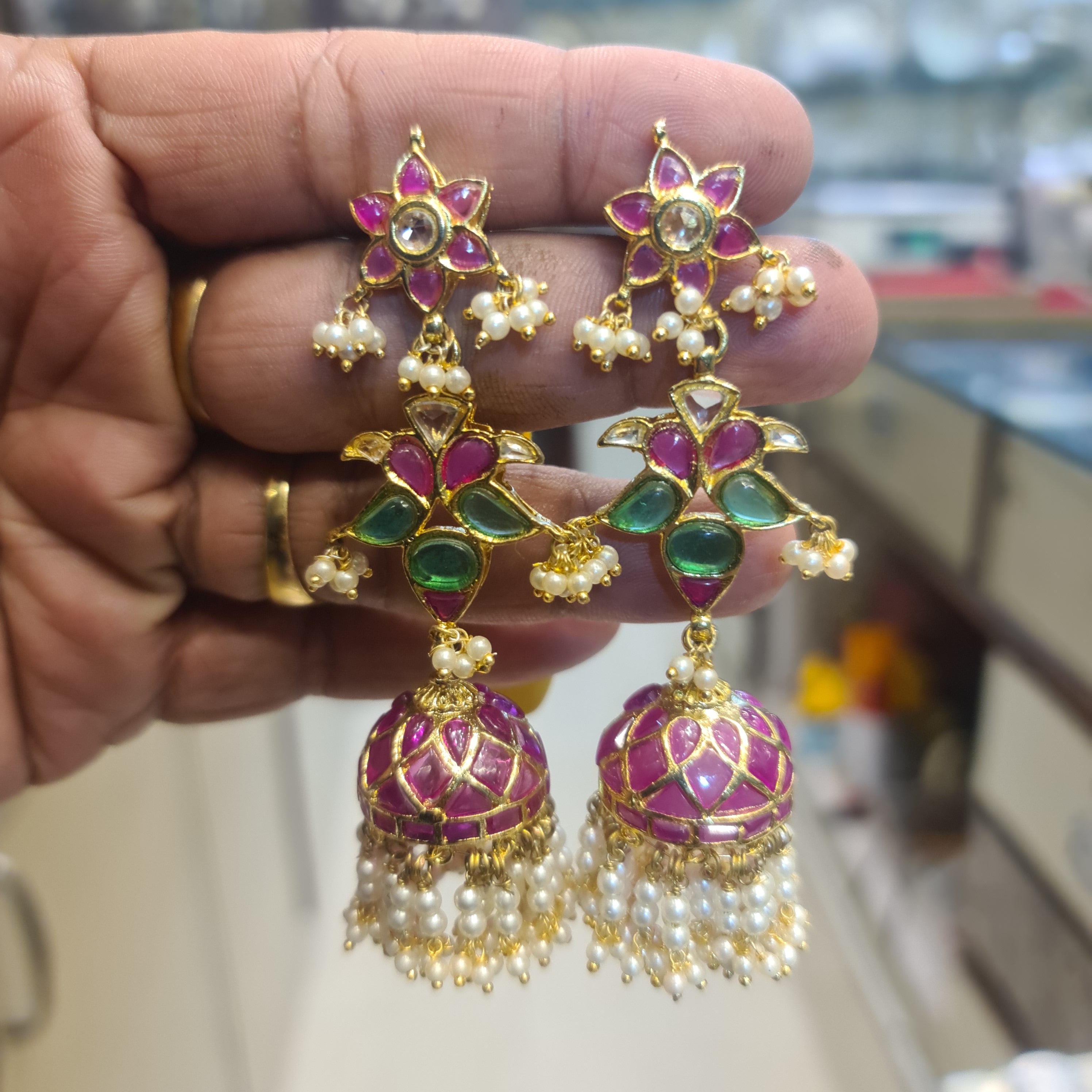 Long Kundan Emerald Jhumki - 3 Tier Pink Kempu Temple Earrings