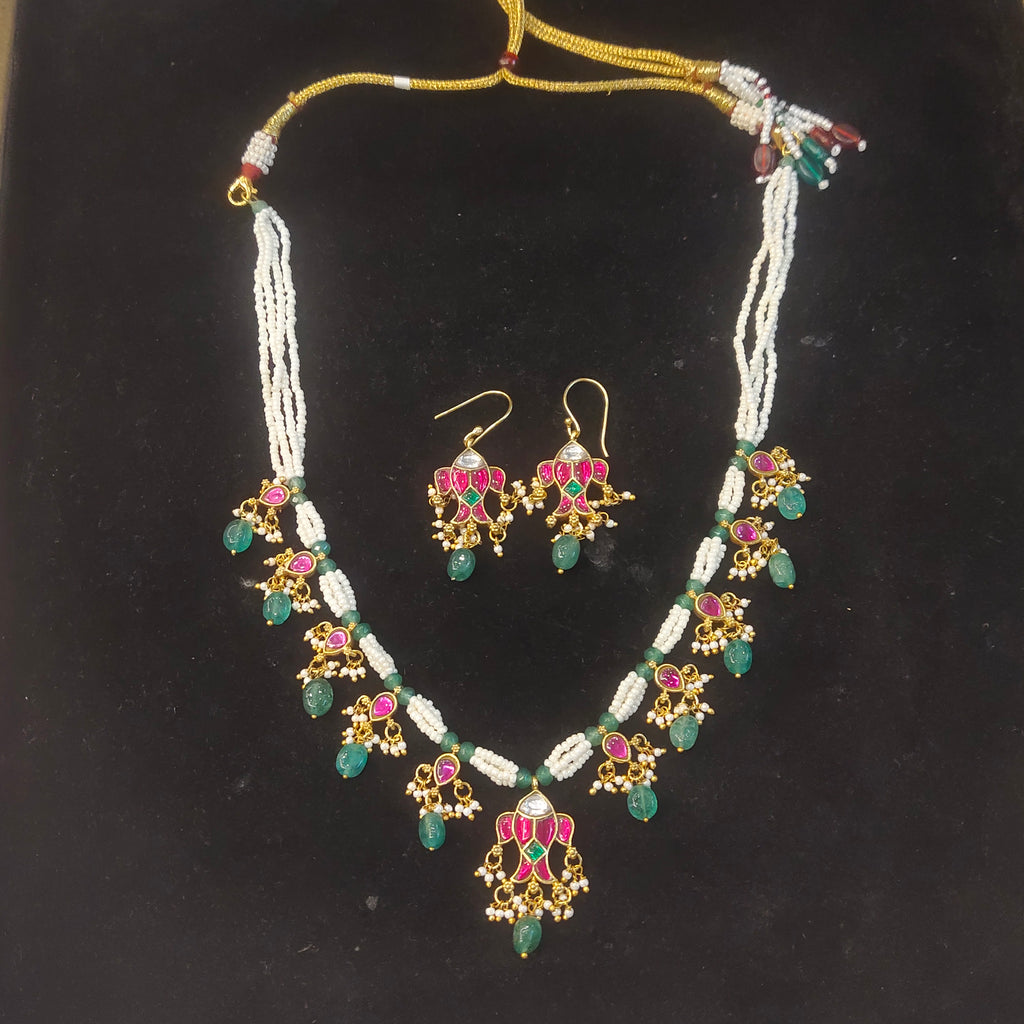 Kundan Meenakari Pearl Necklace with Emerald Drops