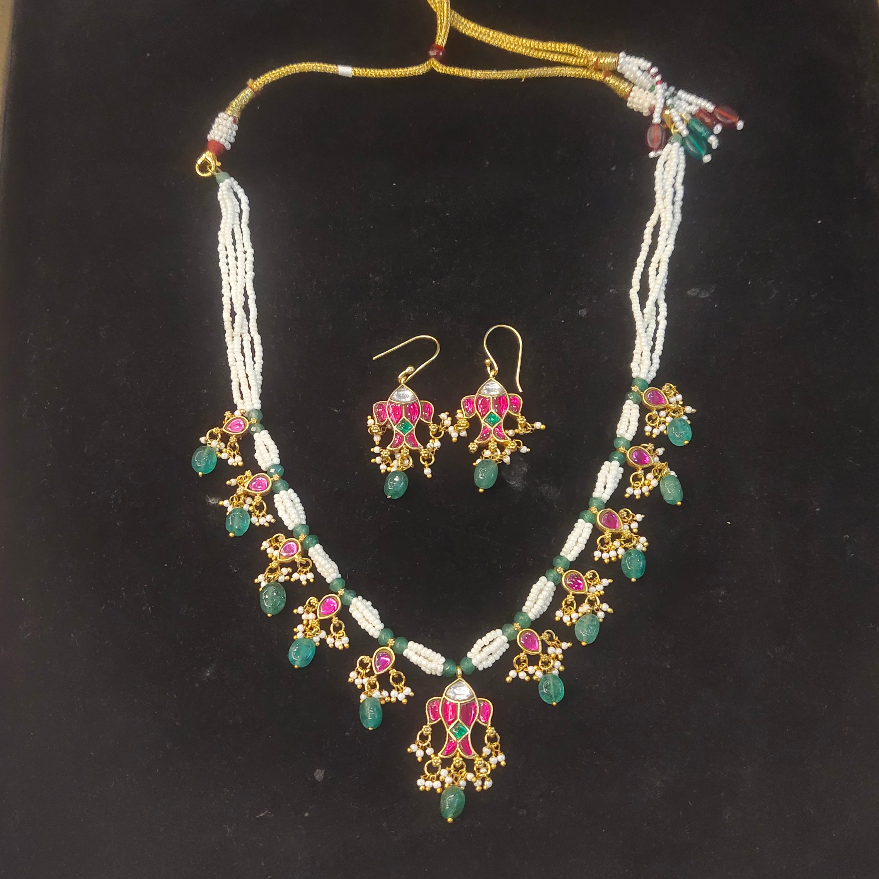 Kundan Meenakari Pearl Necklace with Emerald Drops