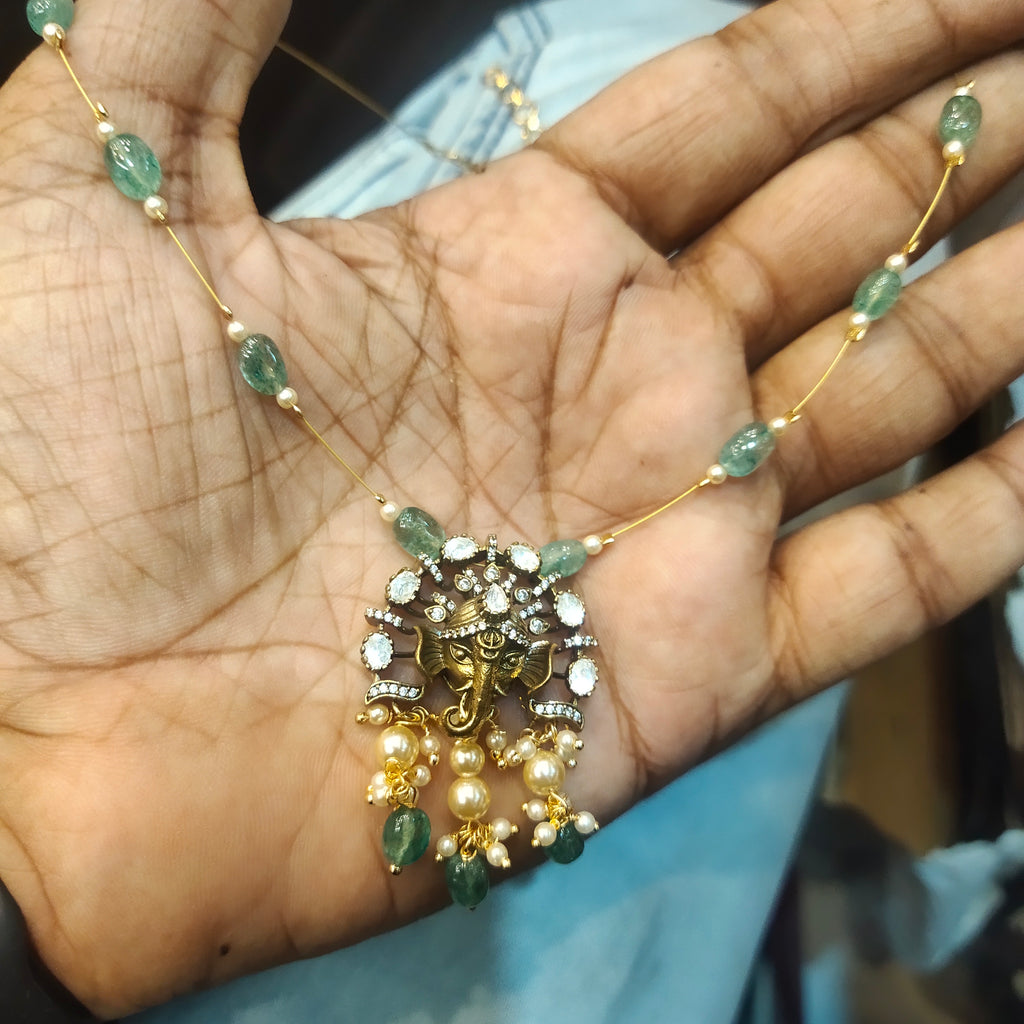 Victorian Finish Zircon Lord Ganesha Invisible Necklace Set