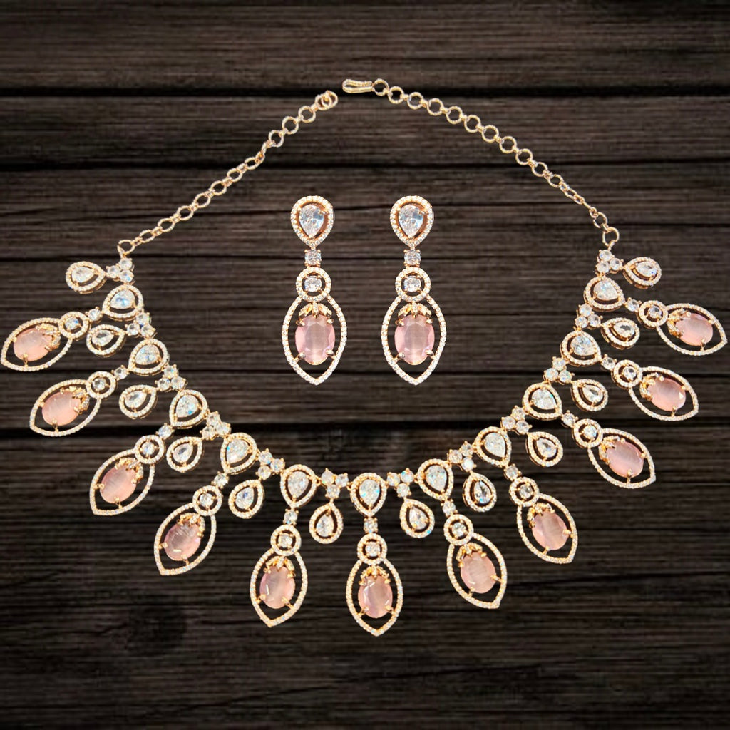 Trendy Pink Rose Gold American Diamond Necklace Set - Bridal Jewelry