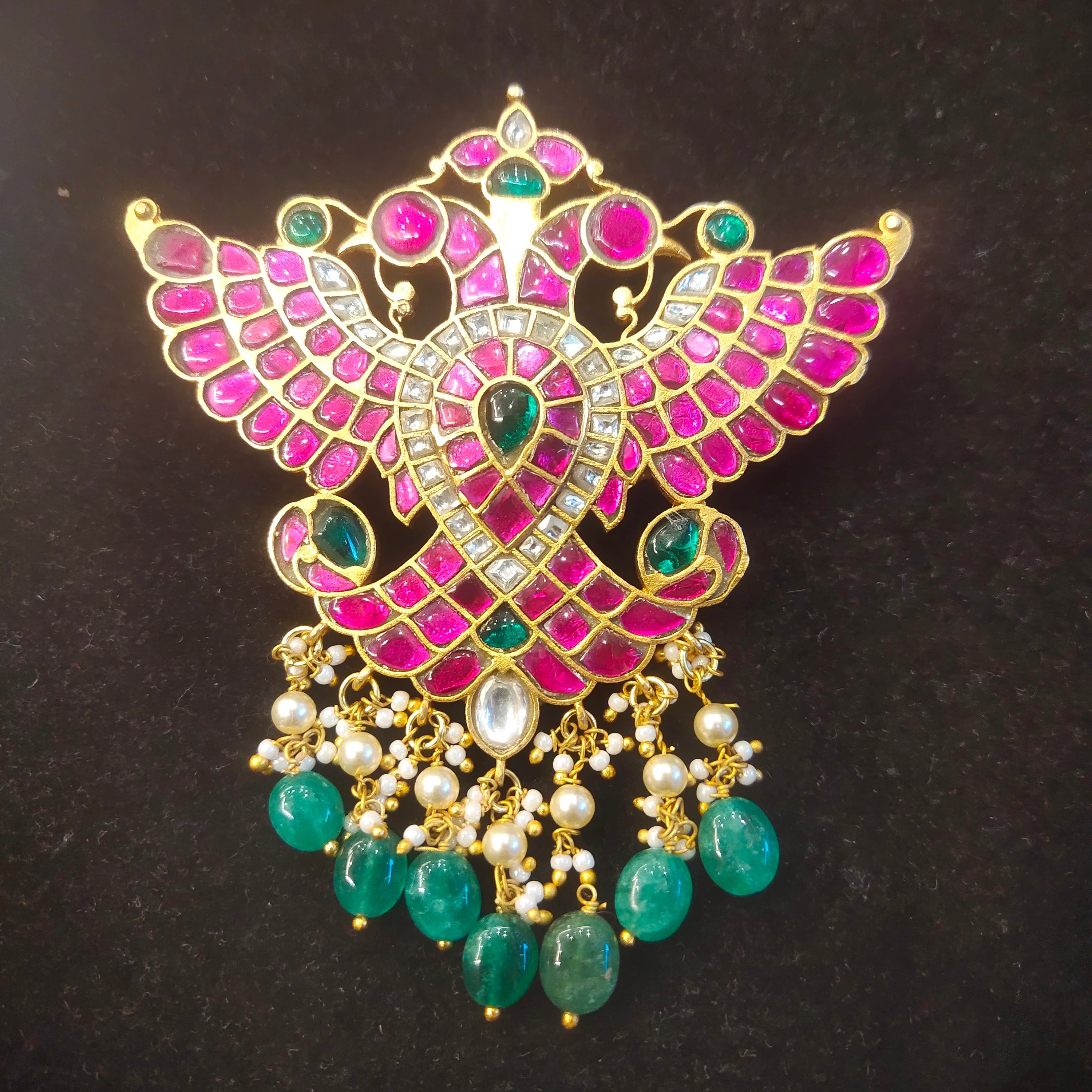 Kundan Polki Peacock Pendant with Emerald Beads & Pearl Drops