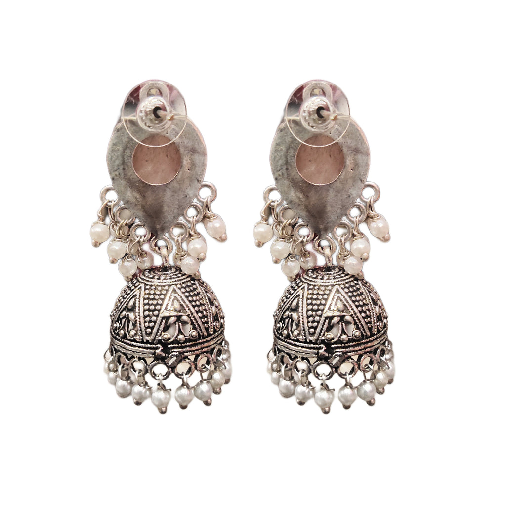Classic Oxidized Silver Jhumka - Vintage Style Pink Accents