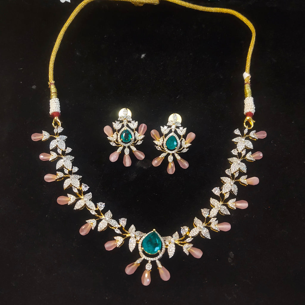 CZ Diamond Leaf Vine Necklace – Teal Teardrop & Blush Pink Pearl Drops