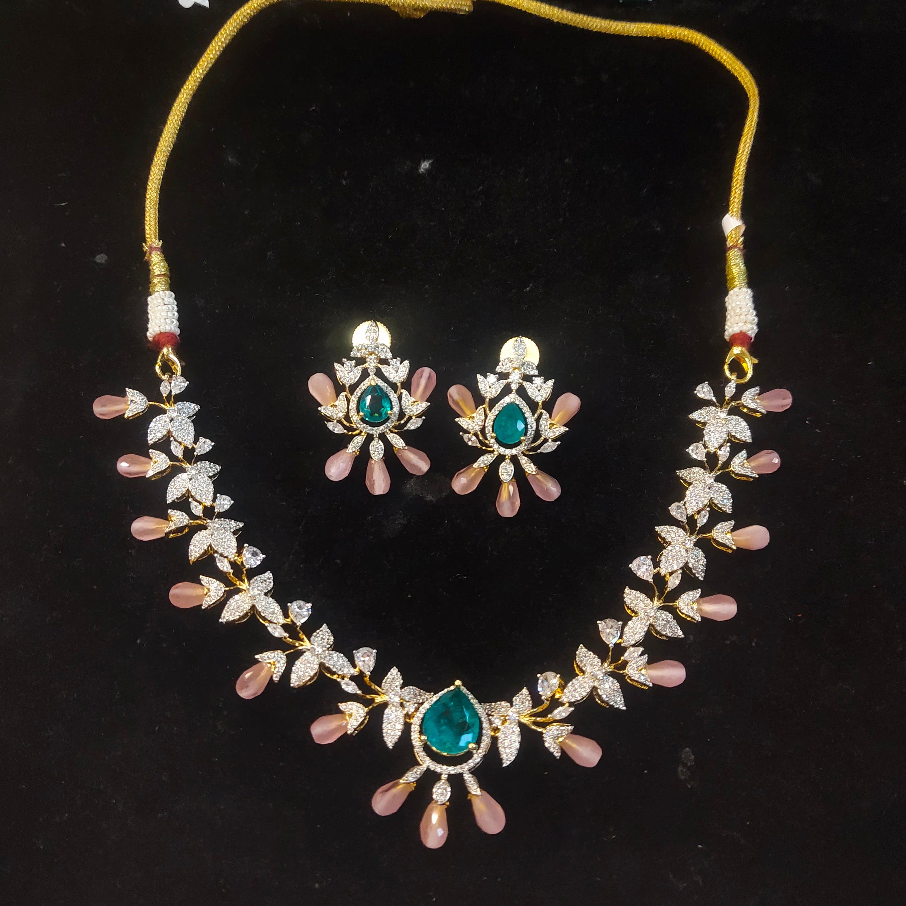 CZ Diamond Leaf Vine Necklace – Teal Teardrop & Blush Pink Pearl Drops