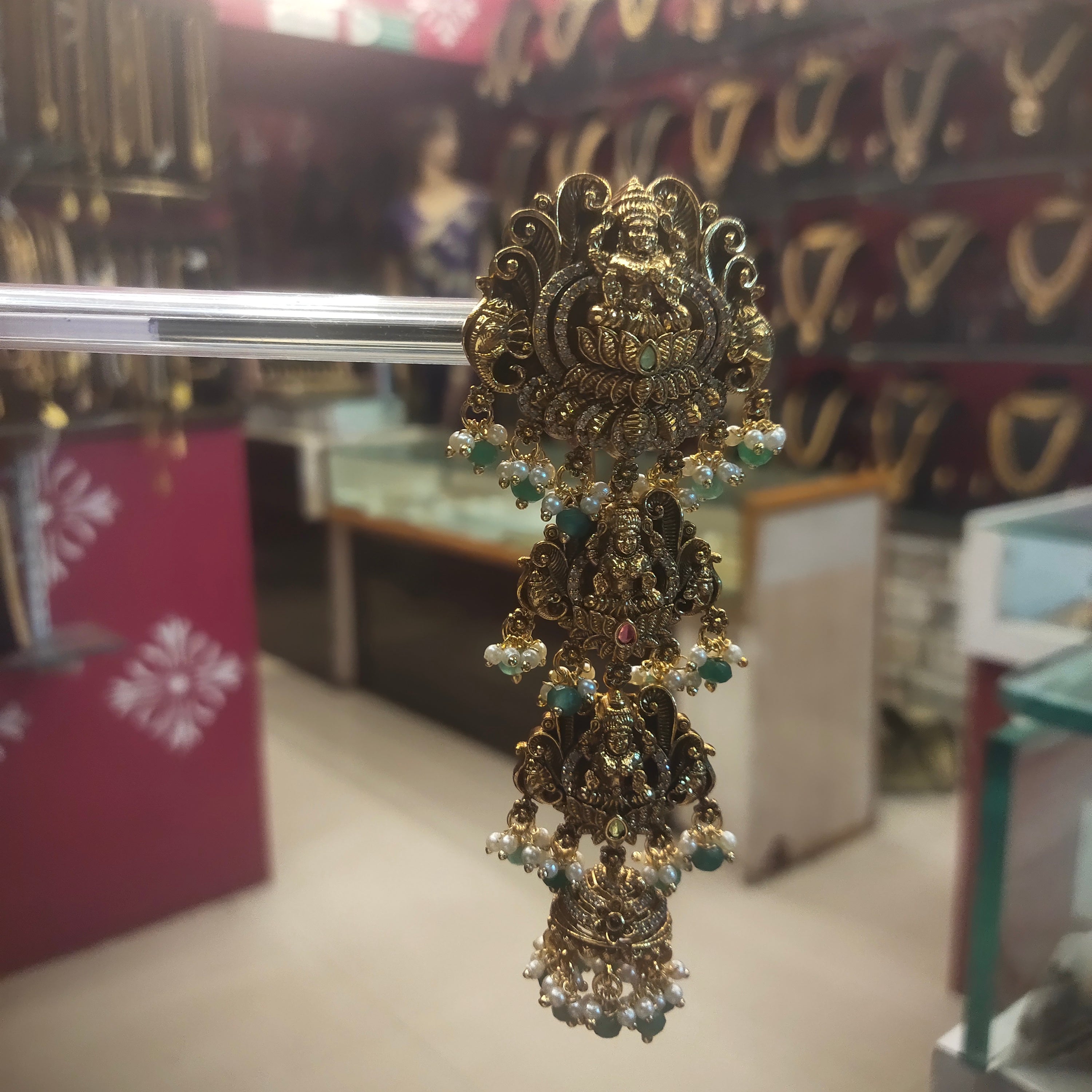Antique Gold Mini Jada - Triple Tier Lakshmi Temple Hair Ornament with Turquoise & Pearl Drops