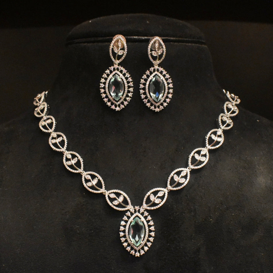 White Rhodium Zircon Necklace Set - Classy Diamond-Look Design
