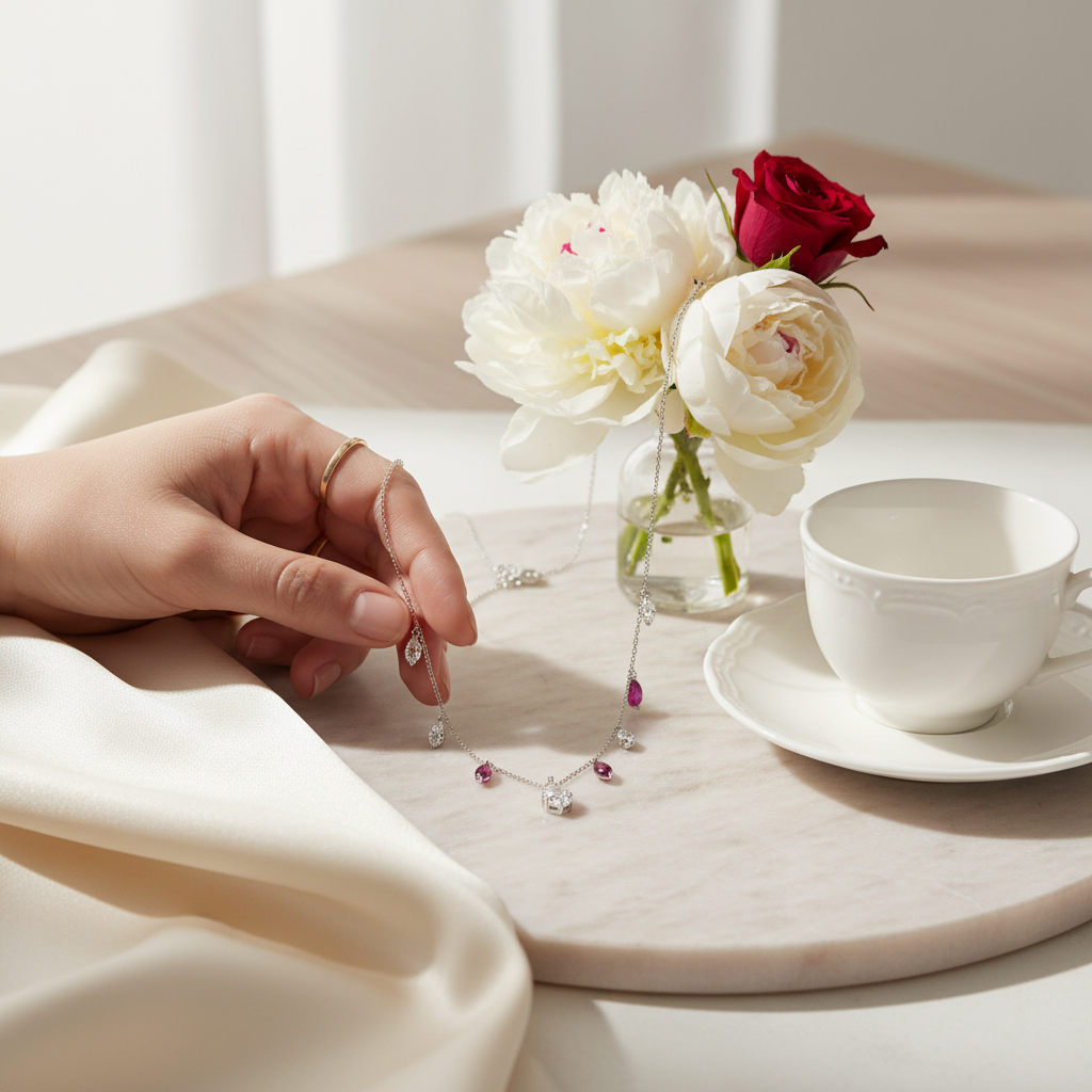 Ruby and crystal necklace lifestyle image