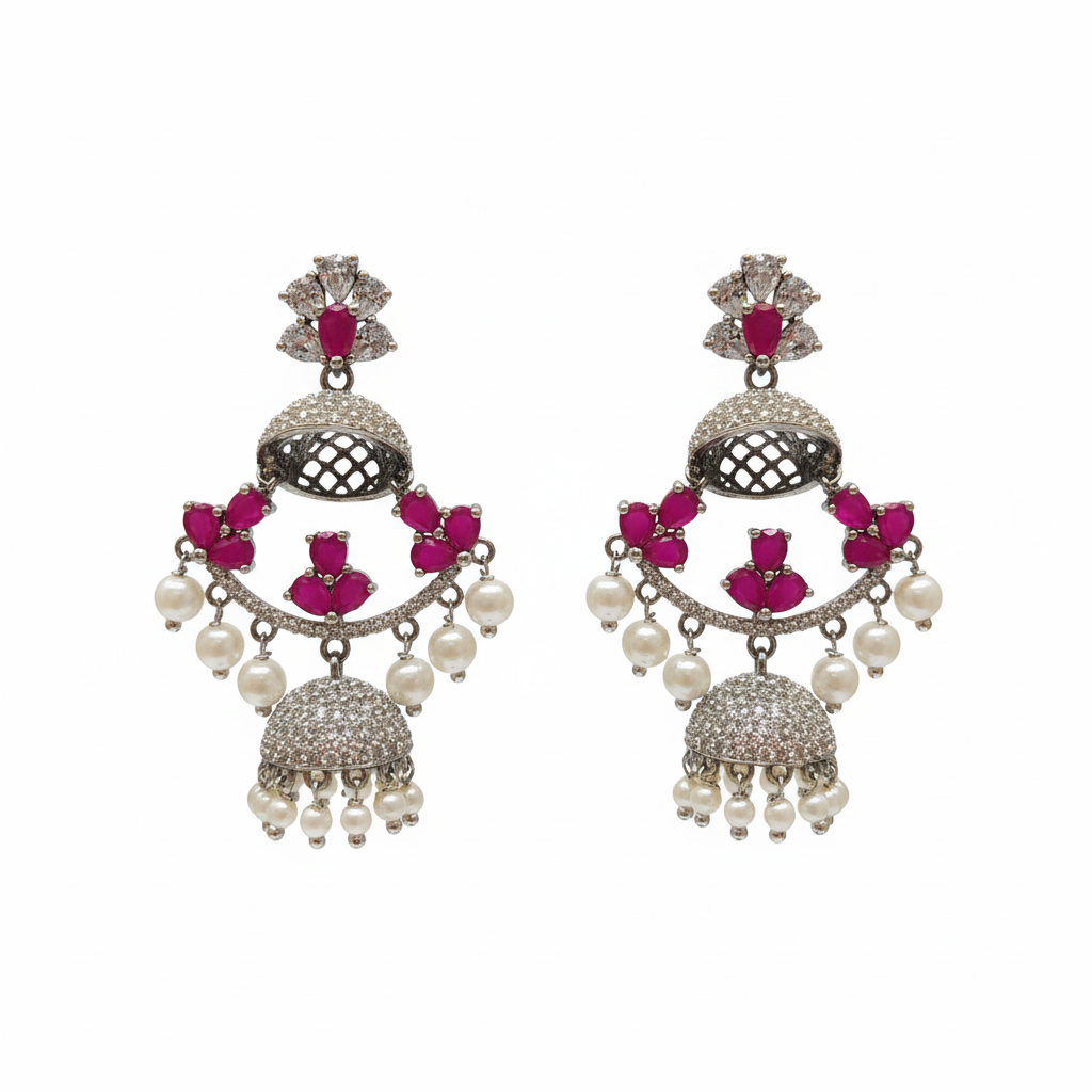 Ruby Chandbali Jhumka Earrings White Background