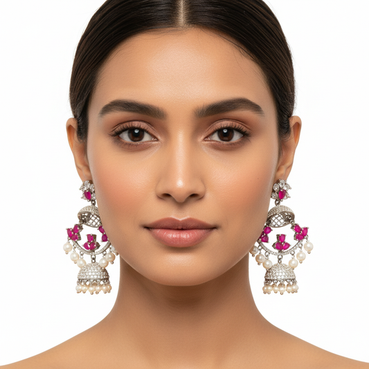 Victorian Ruby Chandbali Jhumka Earrings with CZ & Pearl Drops
