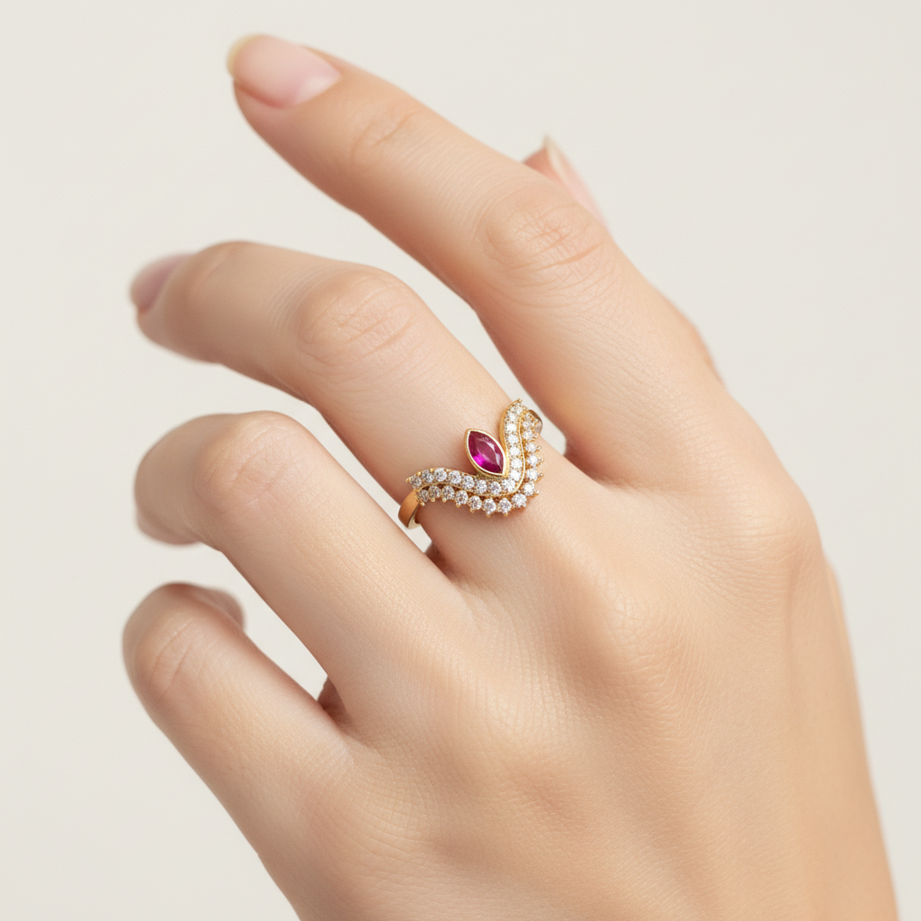 Ruby Crown Ring - Women's Model Hand