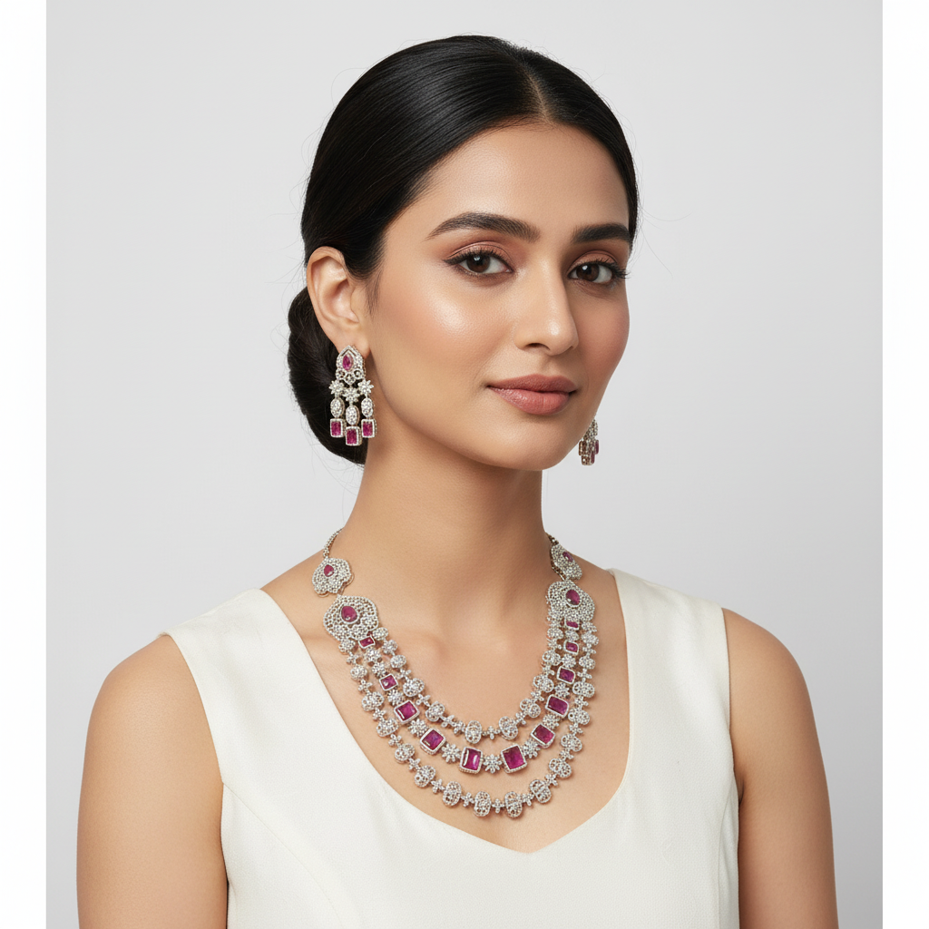 Ruby CZ Bridal Necklace – Elegant Model Wear