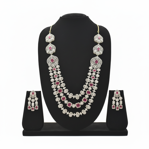 Ruby CZ Bridal Necklace Set – White Background, No Tikka