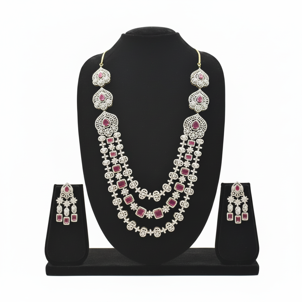 Ruby CZ Bridal Necklace Set – White Background, No Tikka