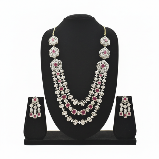 Ruby CZ Bridal Necklace Set – White Background, No Tikka