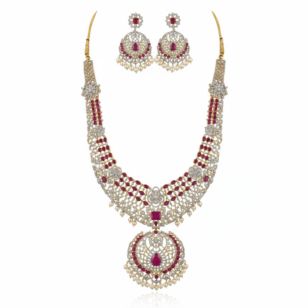 Ruby CZ Bridal Necklace Set – White Background