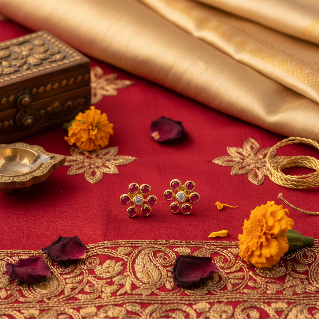 Ruby Diamond Flower Studs – Flat Lay Cultural Context