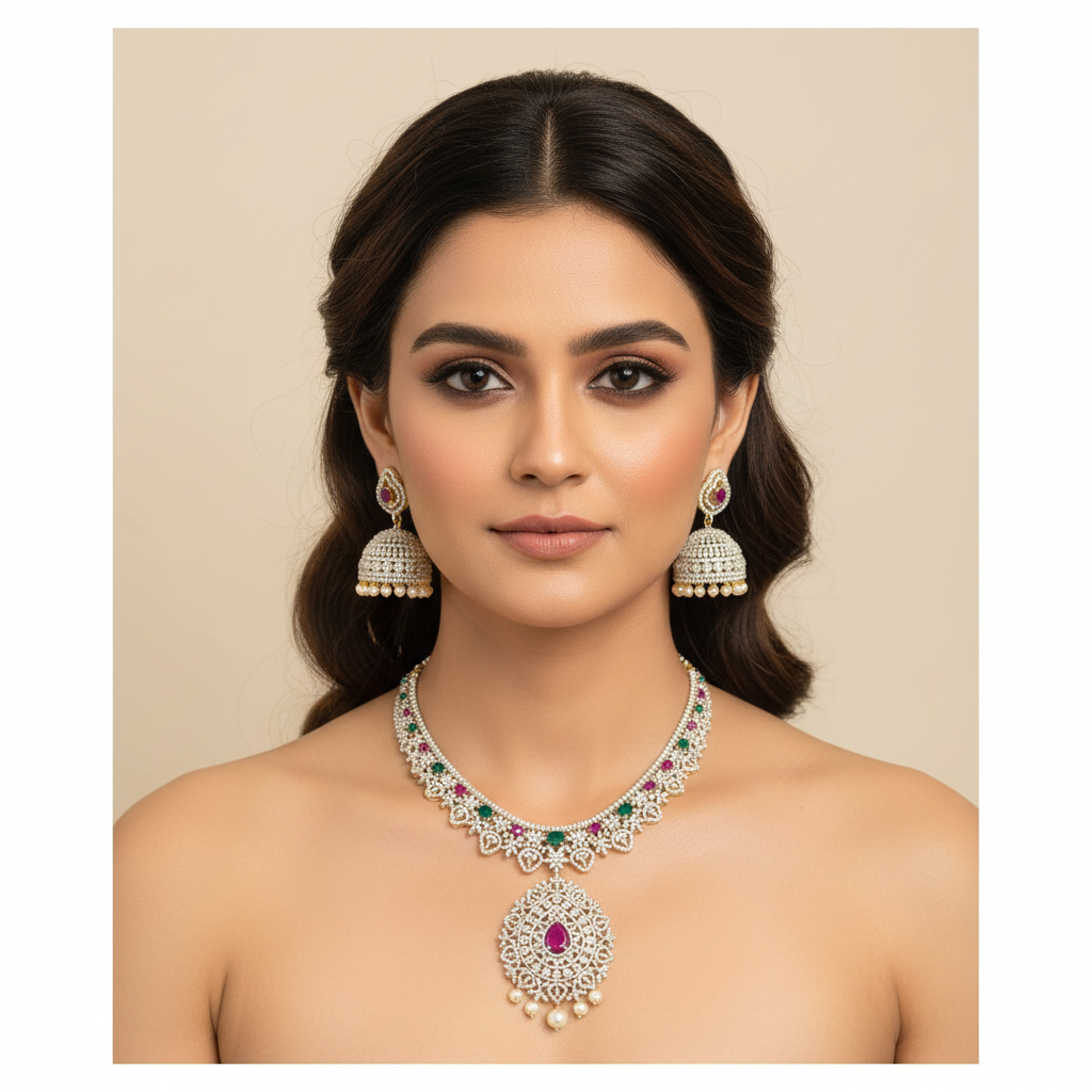 Ruby Emerald Necklace Set - Model Wearing