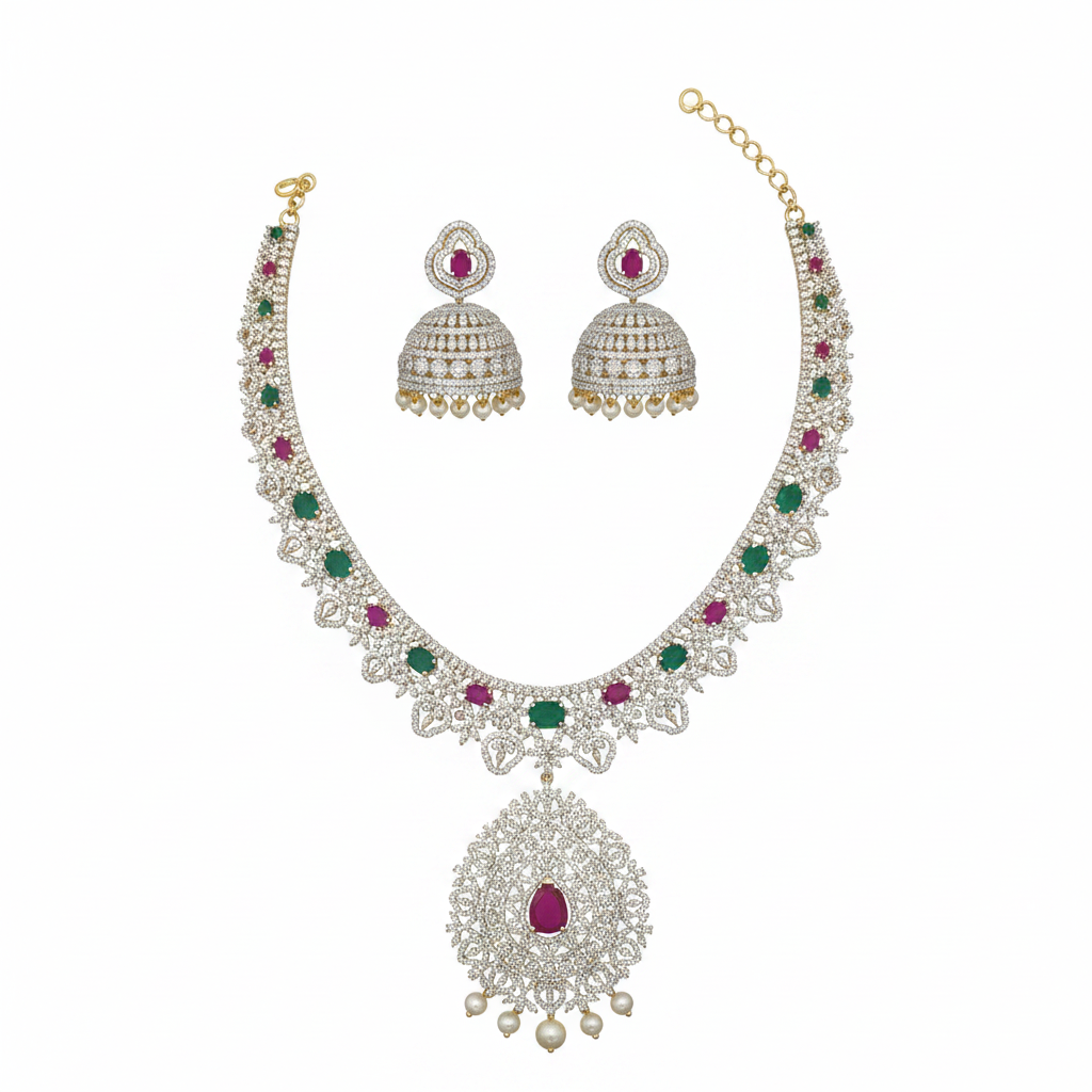 Ruby Emerald Necklace Set - White Background