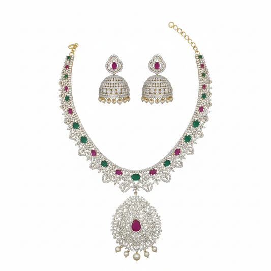 Ruby Emerald Necklace Set - White Background